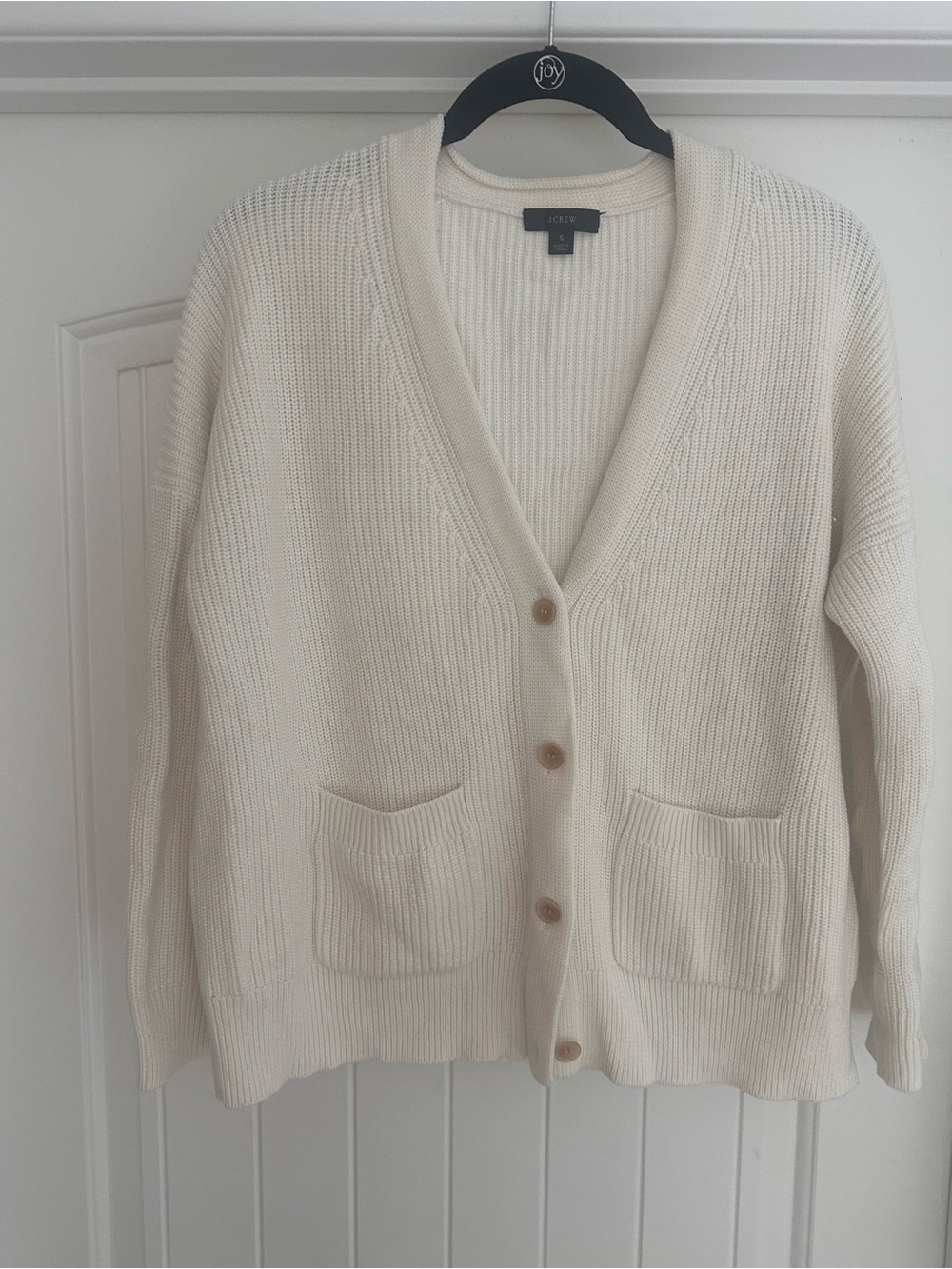 J Crew Cream Ribbed V-Neck Cotton Cardigan Sweater
